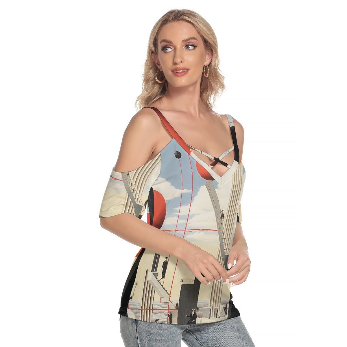 All-Over Print Women's Cold Shoulder T-shirt With Criss Cross Strips