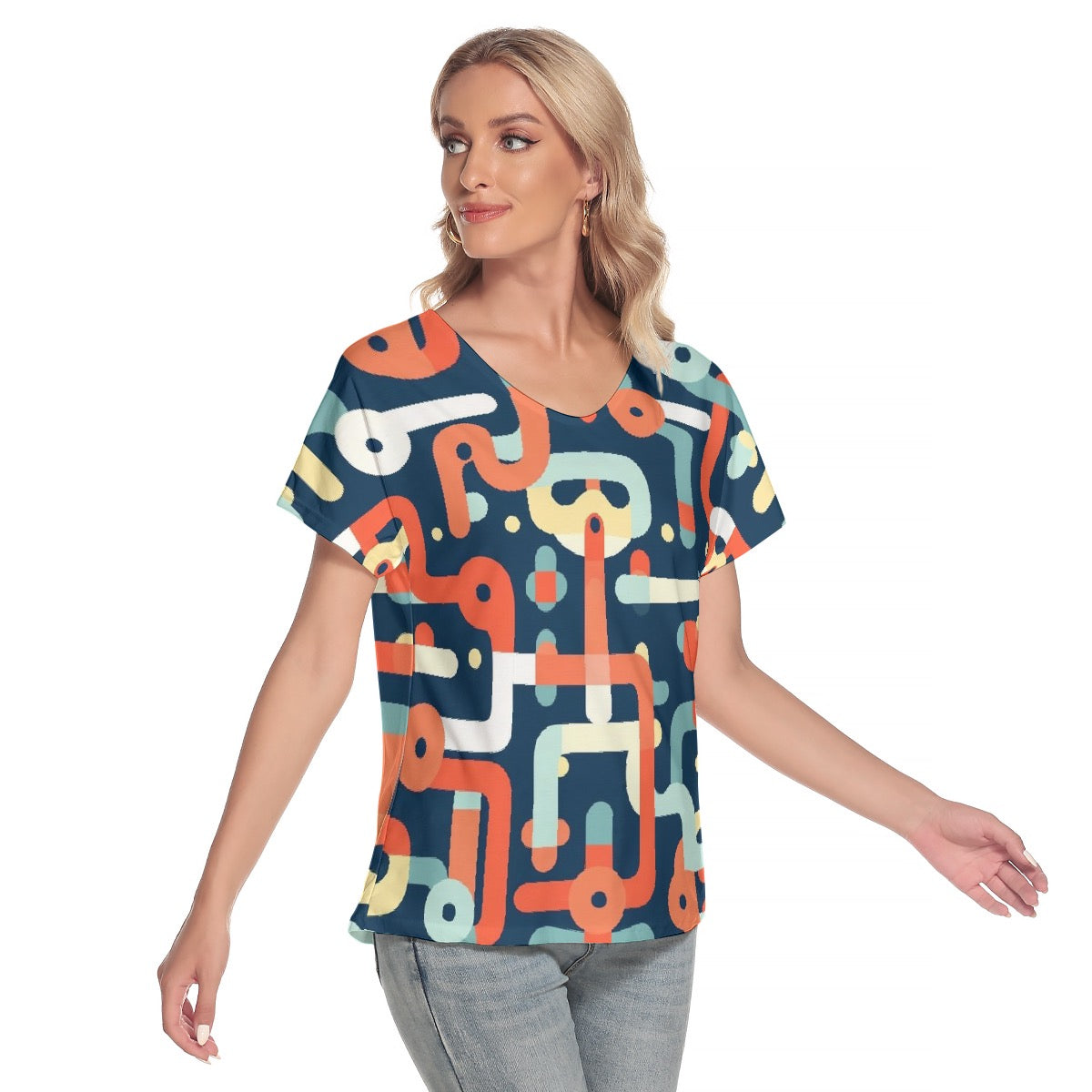 All-Over Print Women's Loose V-neck Short Sleeve T-shirt