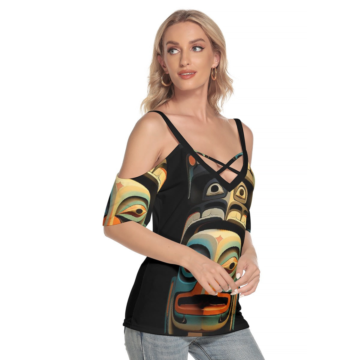 All-Over Print Women's Cold Shoulder T-shirt With Criss Cross Strips