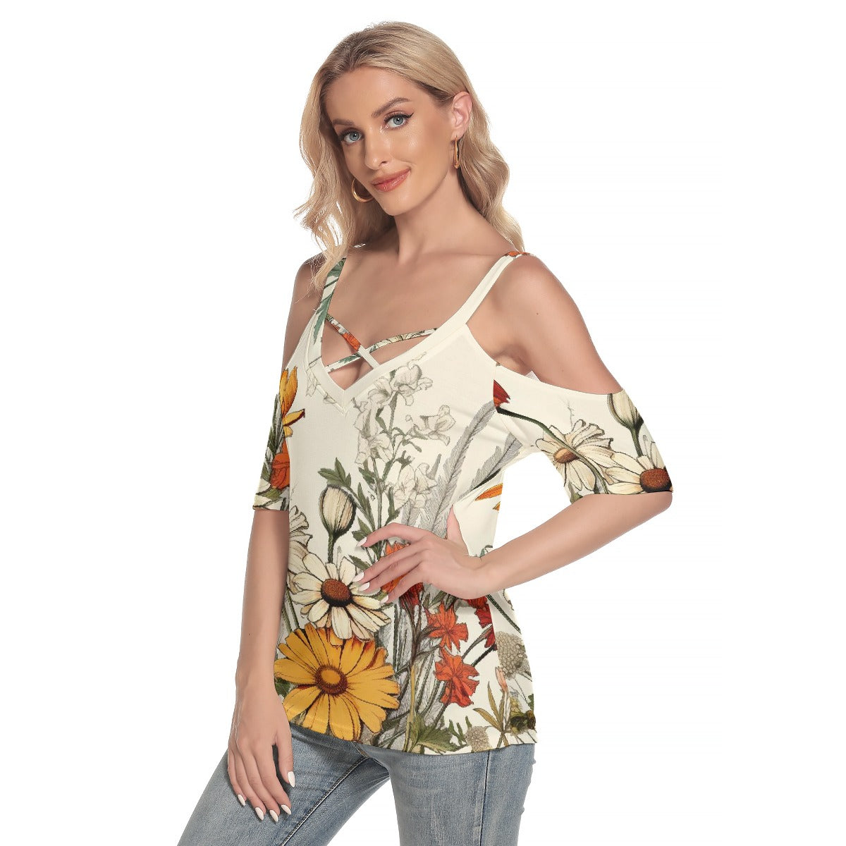 All-Over Print Women's Cold Shoulder T-shirt With Criss Cross Strips