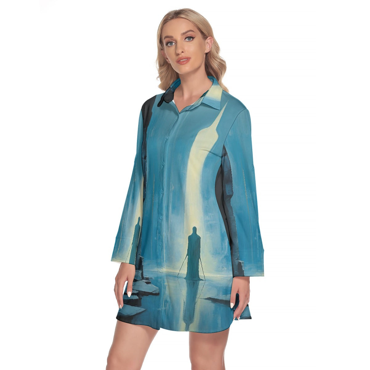 All-Over Print Women's Lapel Shirt Dress With Long Sleeve