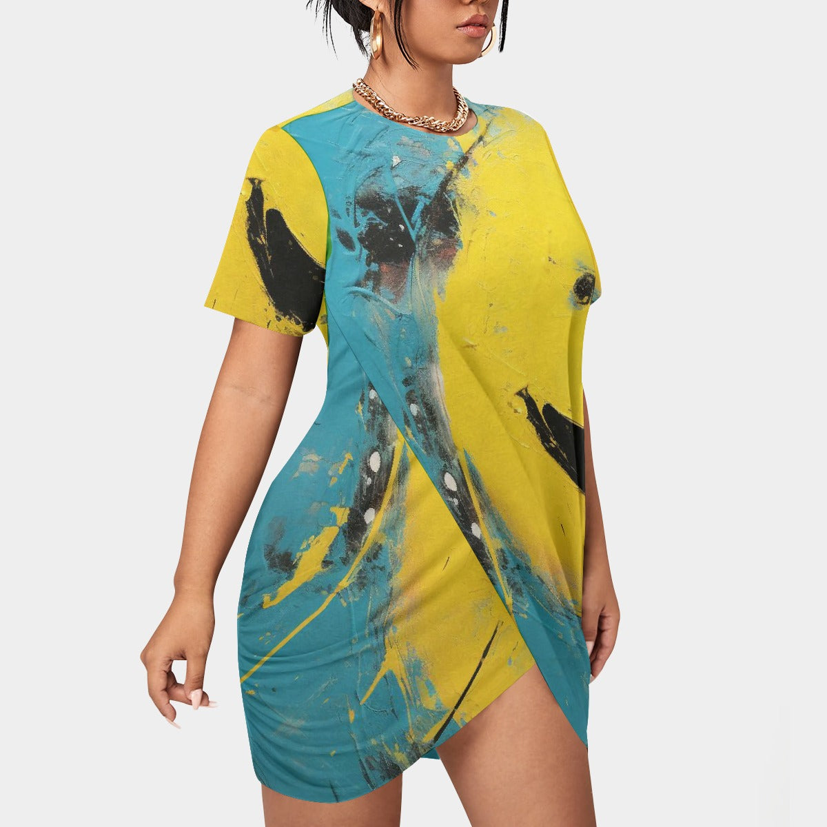 All-Over Print Women’s Stacked Hem Dress With Short Sleeve（Plus Size）