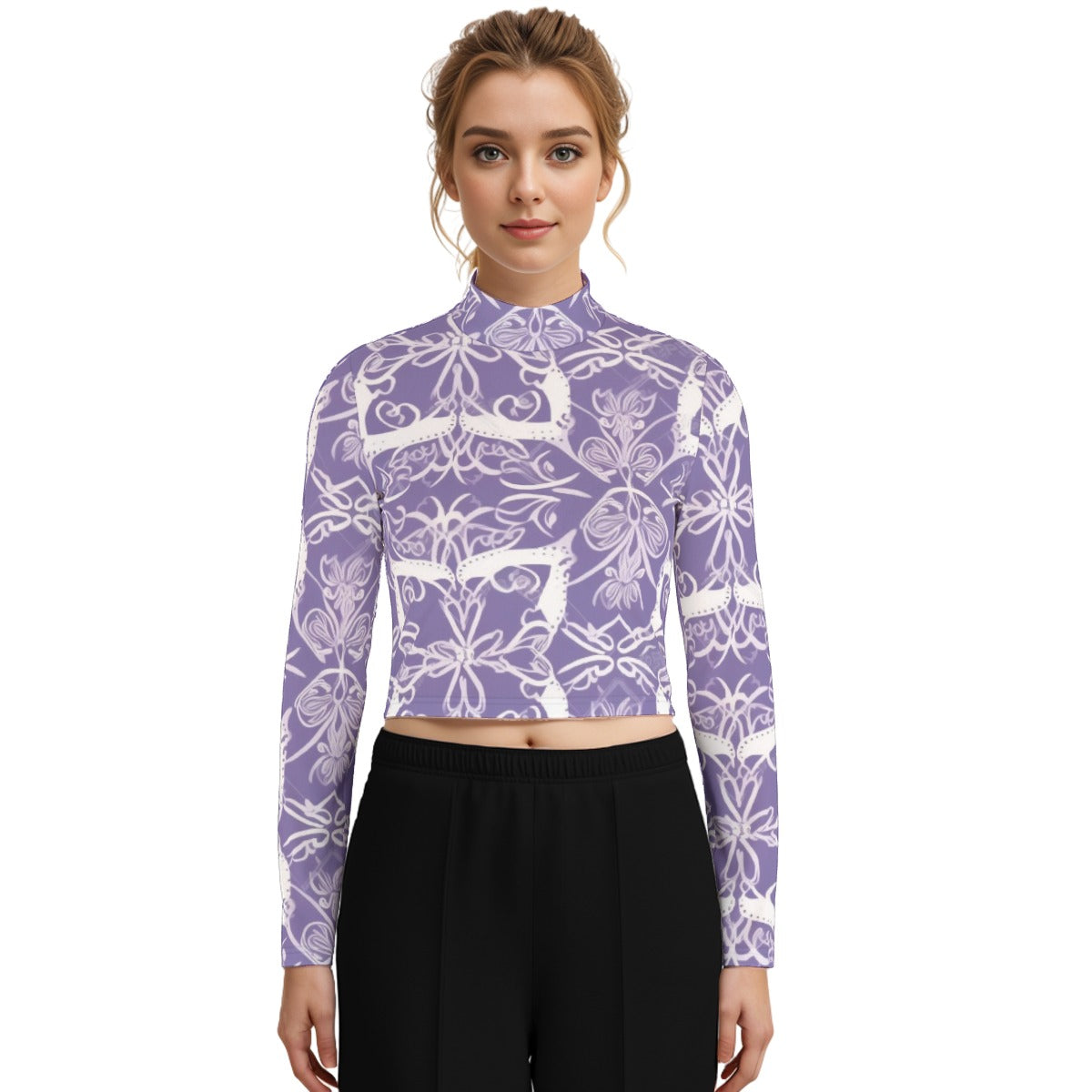 Eco-Friendly All-Over Print Women's Turtleneck T-shirt With Long Sleeve