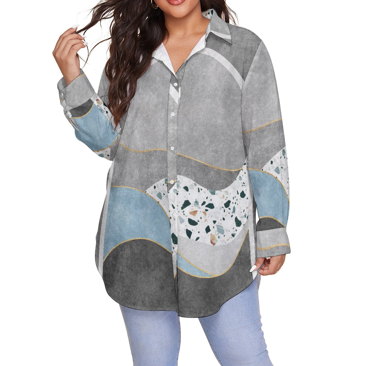 All-Over Print Women's Shirt With Long Sleeve(Plus Size)