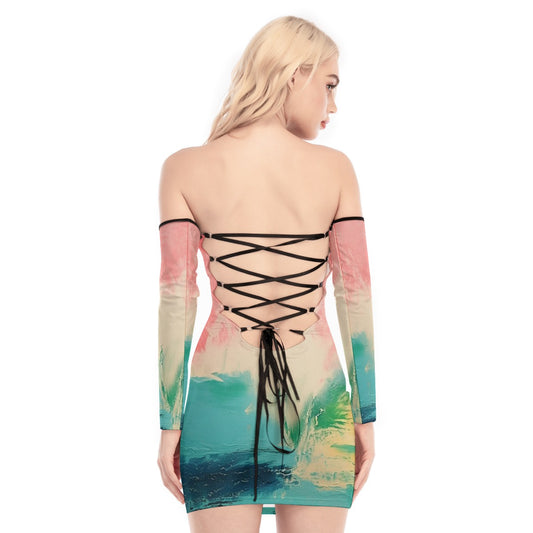 All-Over Print Women's Off-shoulder Back Lace-up Dress