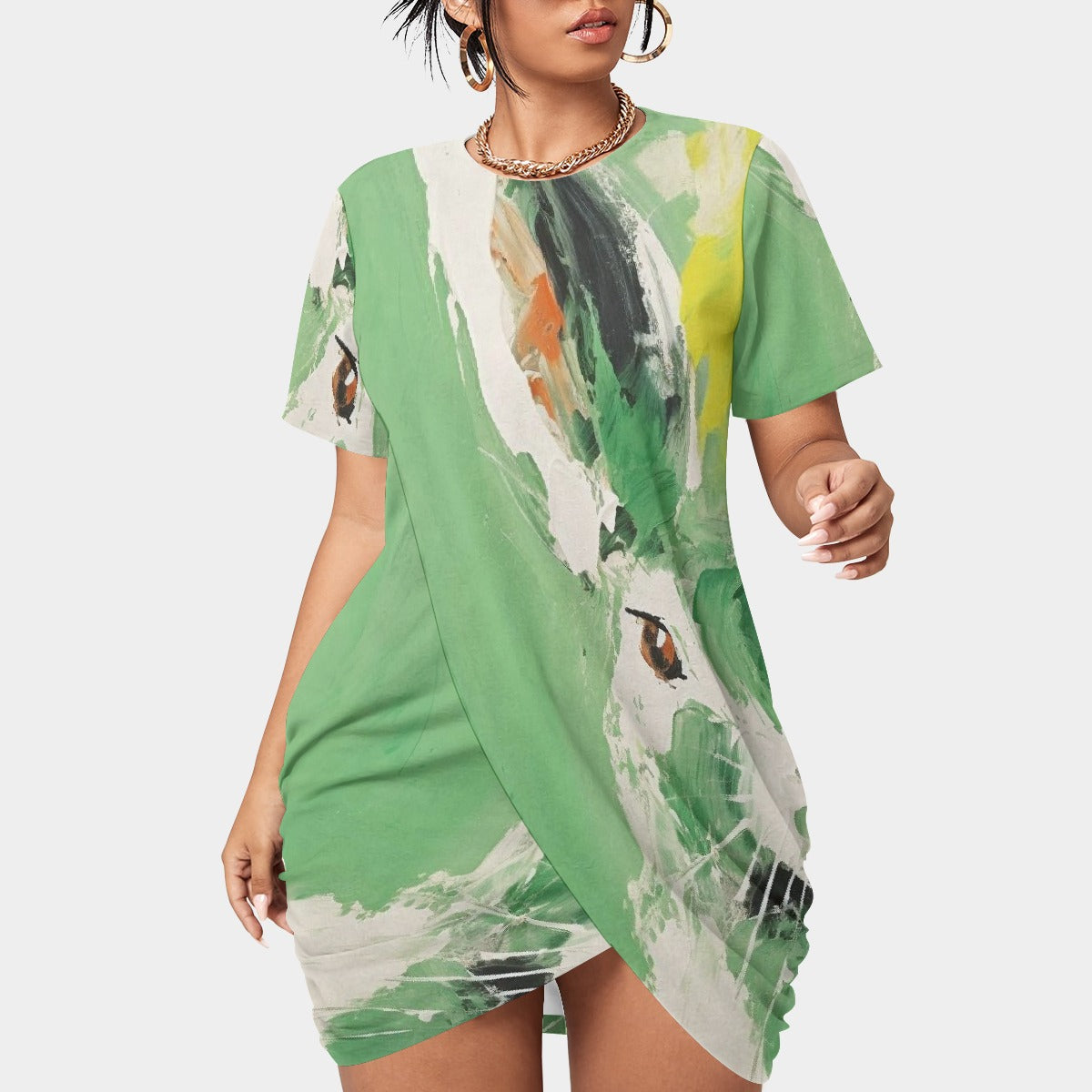 All-Over Print Women’s Stacked Hem Dress With Short Sleeve（Plus Size）