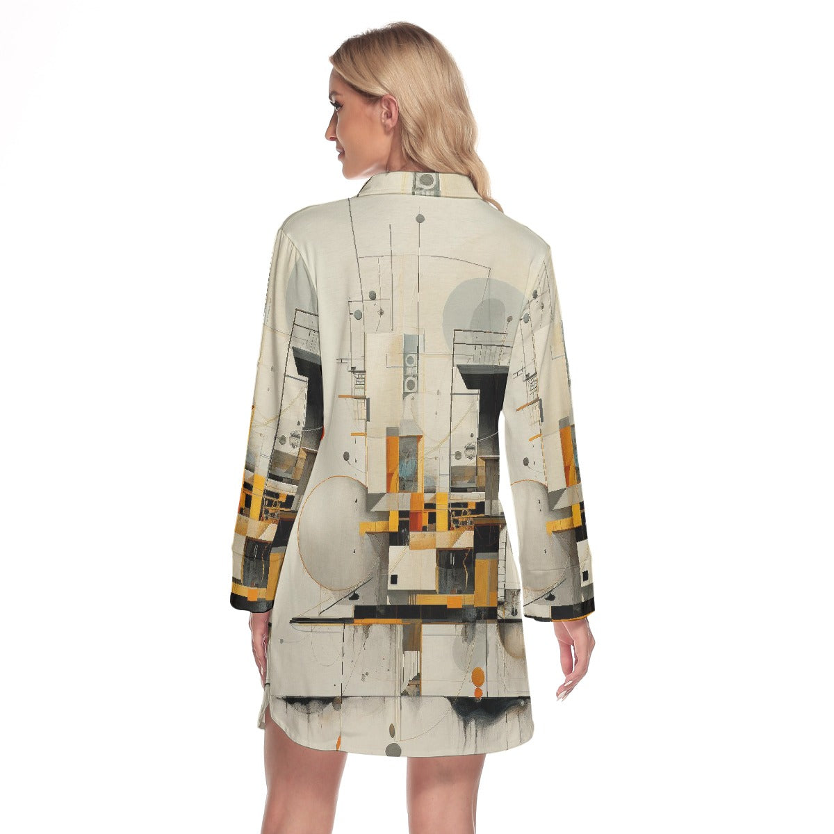 All-Over Print Women's Lapel Shirt Dress With Long Sleeve