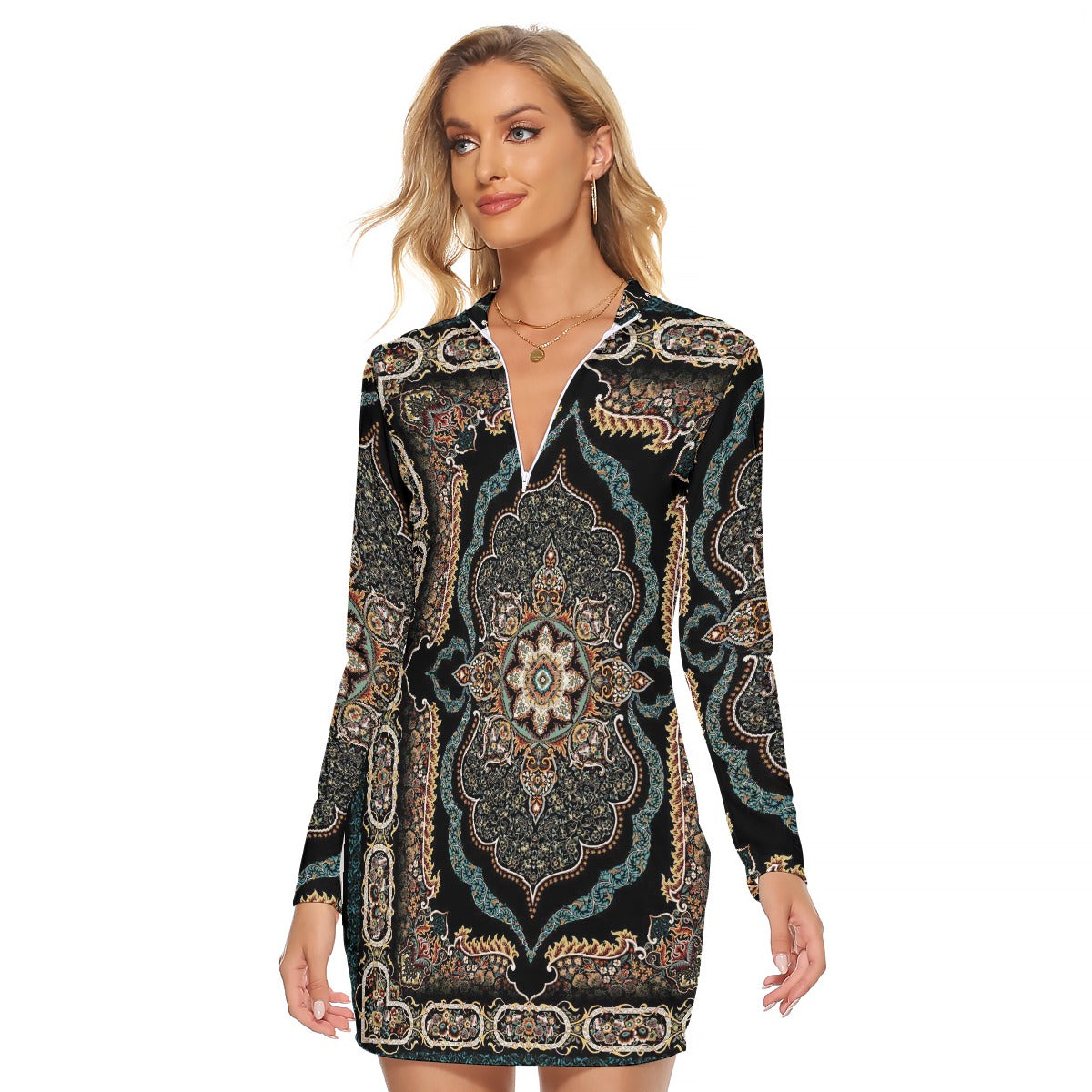 All-Over Print Women's Zip Front Tight Dress