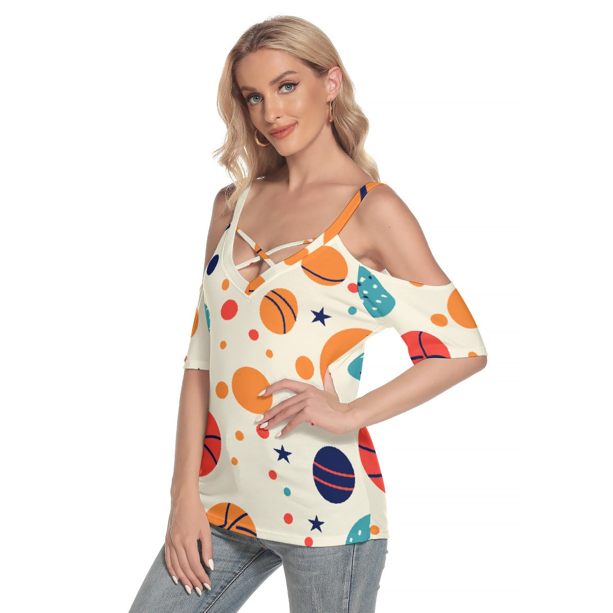 All-Over Print Women's Cold Shoulder T-shirt With Criss Cross Strips