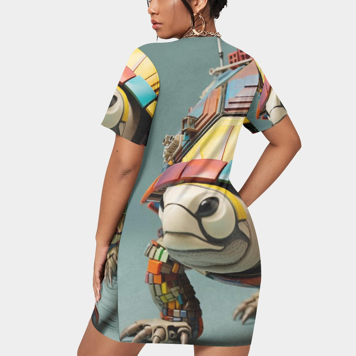 All-Over Print Women’s Stacked Hem Dress With Short Sleeve（Plus Size）