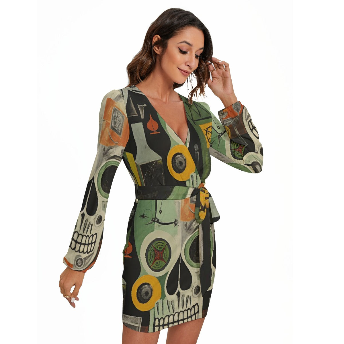 All-Over Print Women's Long Sleeve Dress With Waist Belt