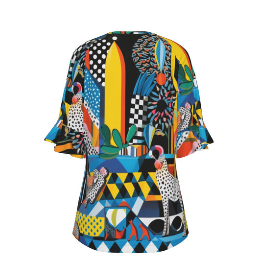 All-Over Print V-neck Women's T-shirt With Bell Sleeve