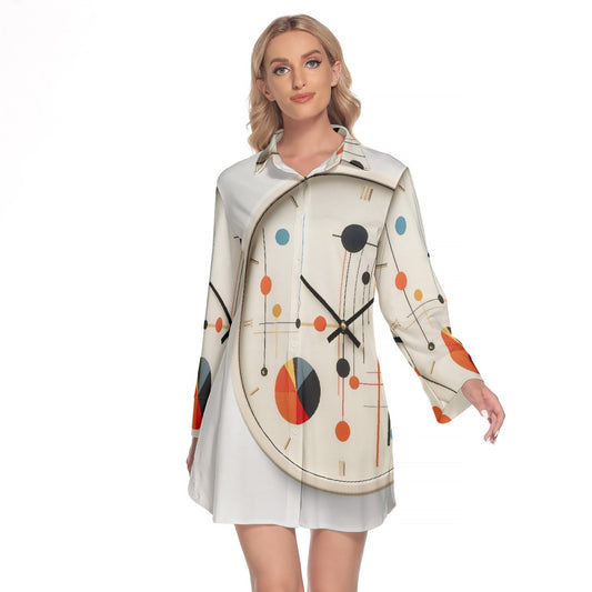 All-Over Print Women's Lapel Shirt Dress With Long Sleeve