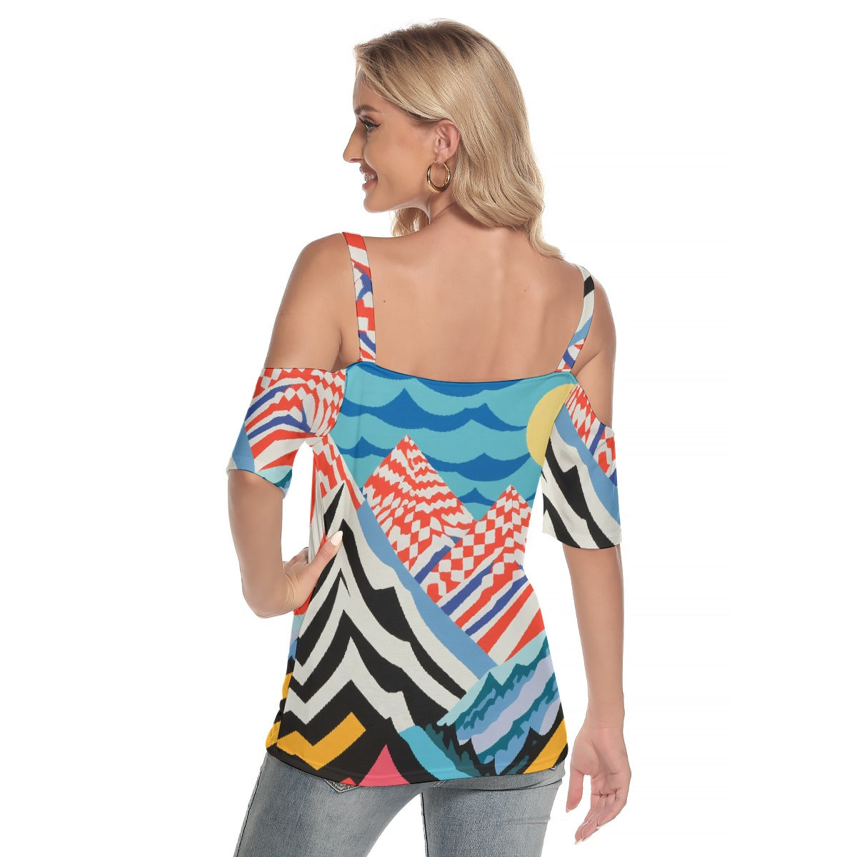 All-Over Print Women's Cold Shoulder T-shirt With Criss Cross Strips