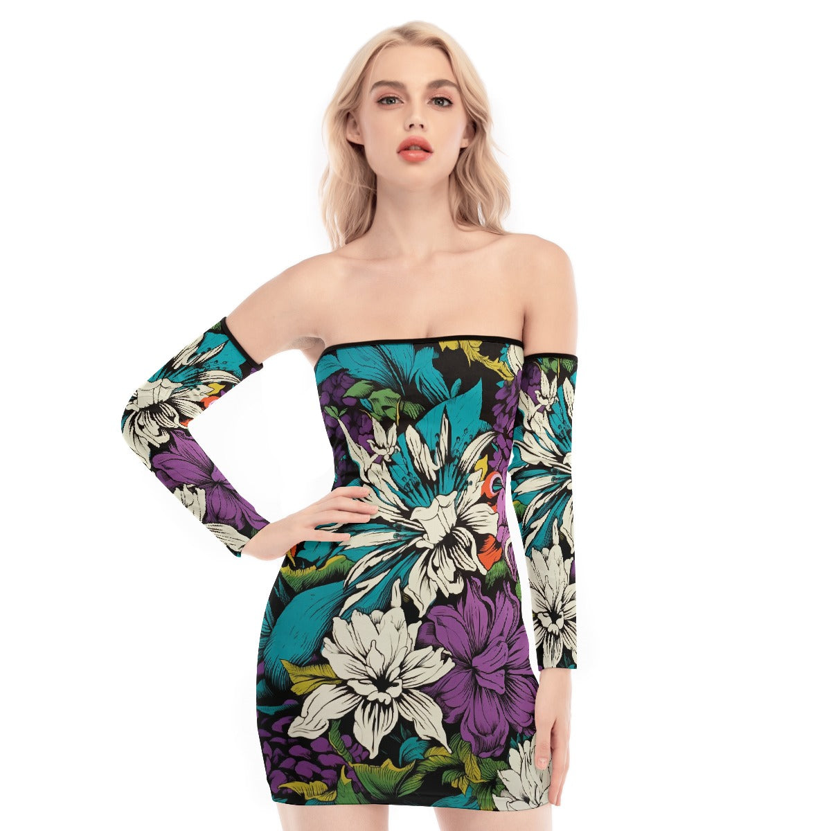 All-Over Print Women's Off-shoulder Back Lace-up Dress