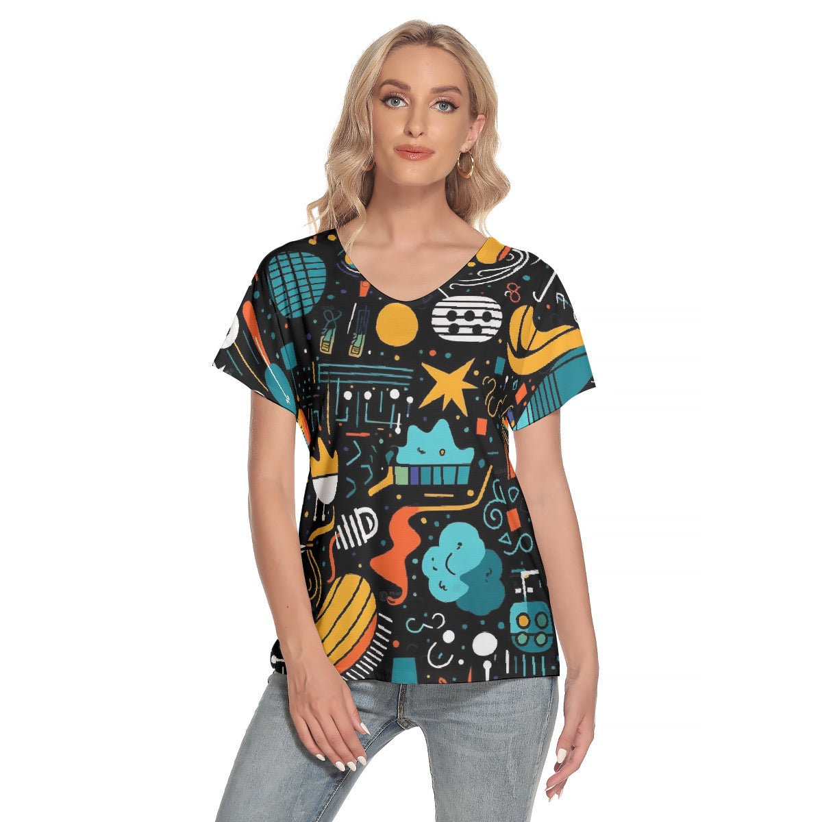 All-Over Print Women's Loose V-neck Short Sleeve T-shirt