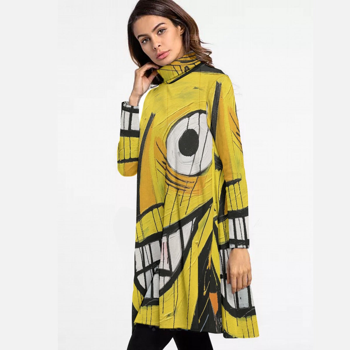 All-Over Print Women's High Neck Dress With Long Sleeve