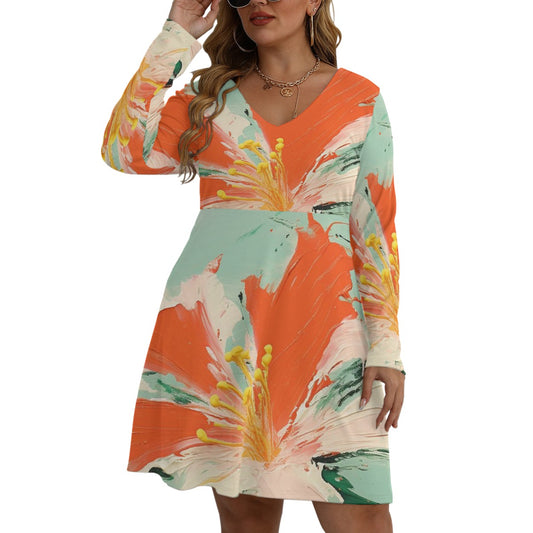 All-Over Print Women's V-neck Long Sleeve Dress(Plus Size)