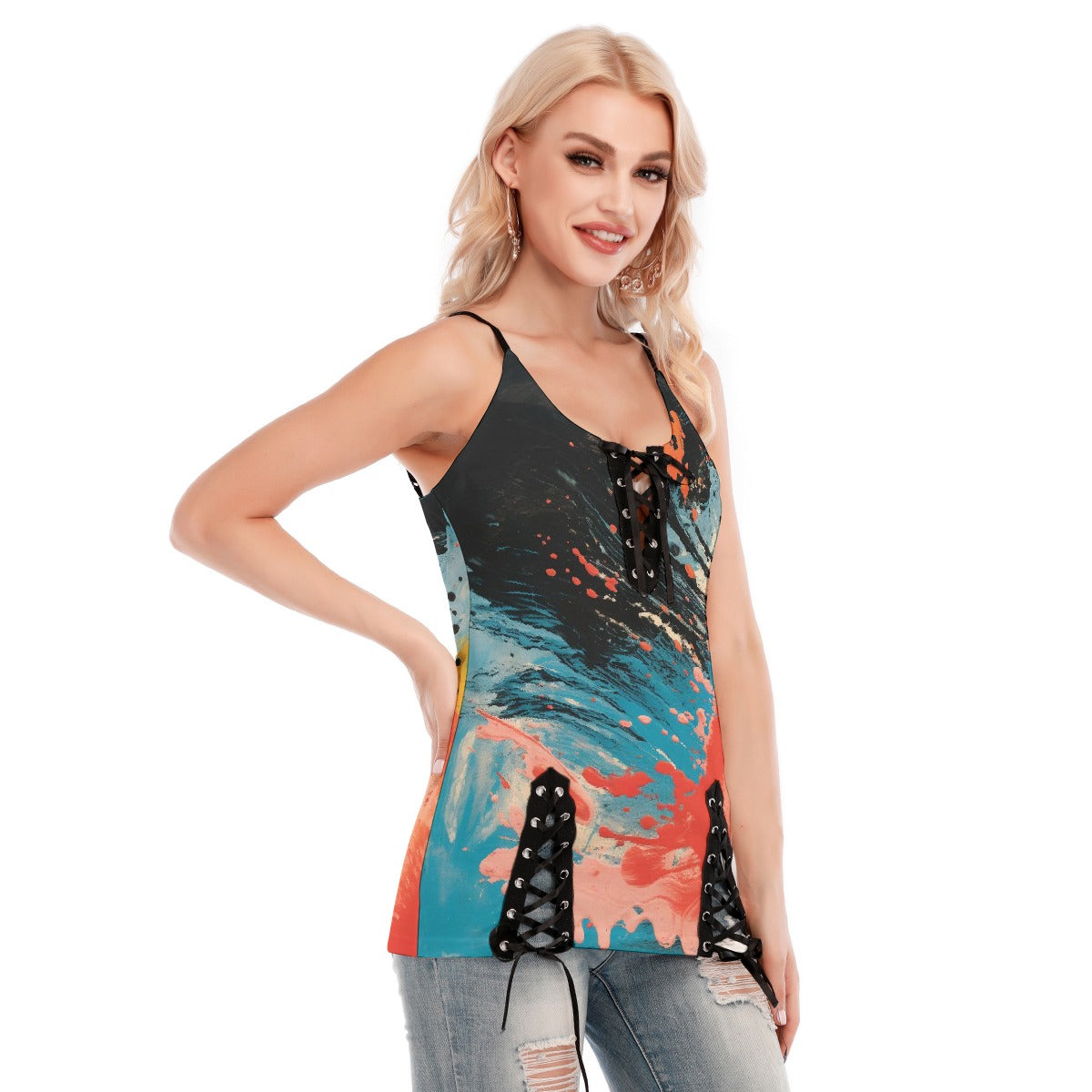 All-Over Print Women's V-neck Eyelet Lace-up Cami Dress