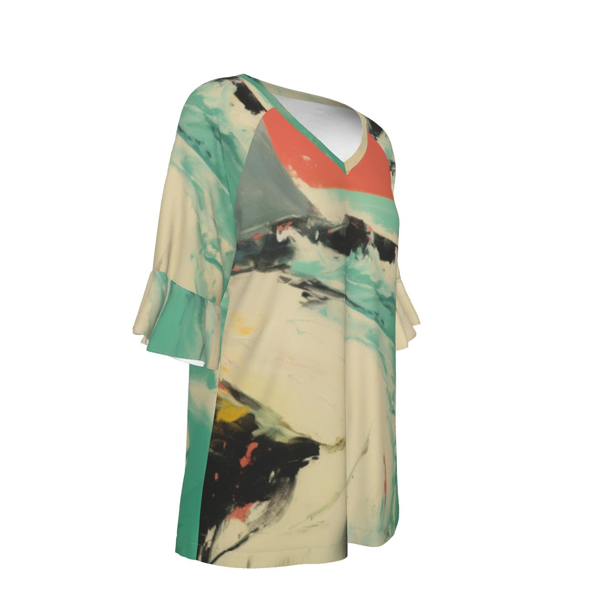 All-Over Print V-neck Women's T-shirt With Bell Sleeve