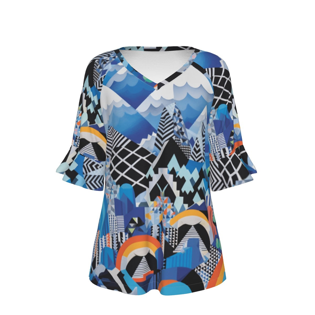 All-Over Print V-neck Women's T-shirt With Bell Sleeve