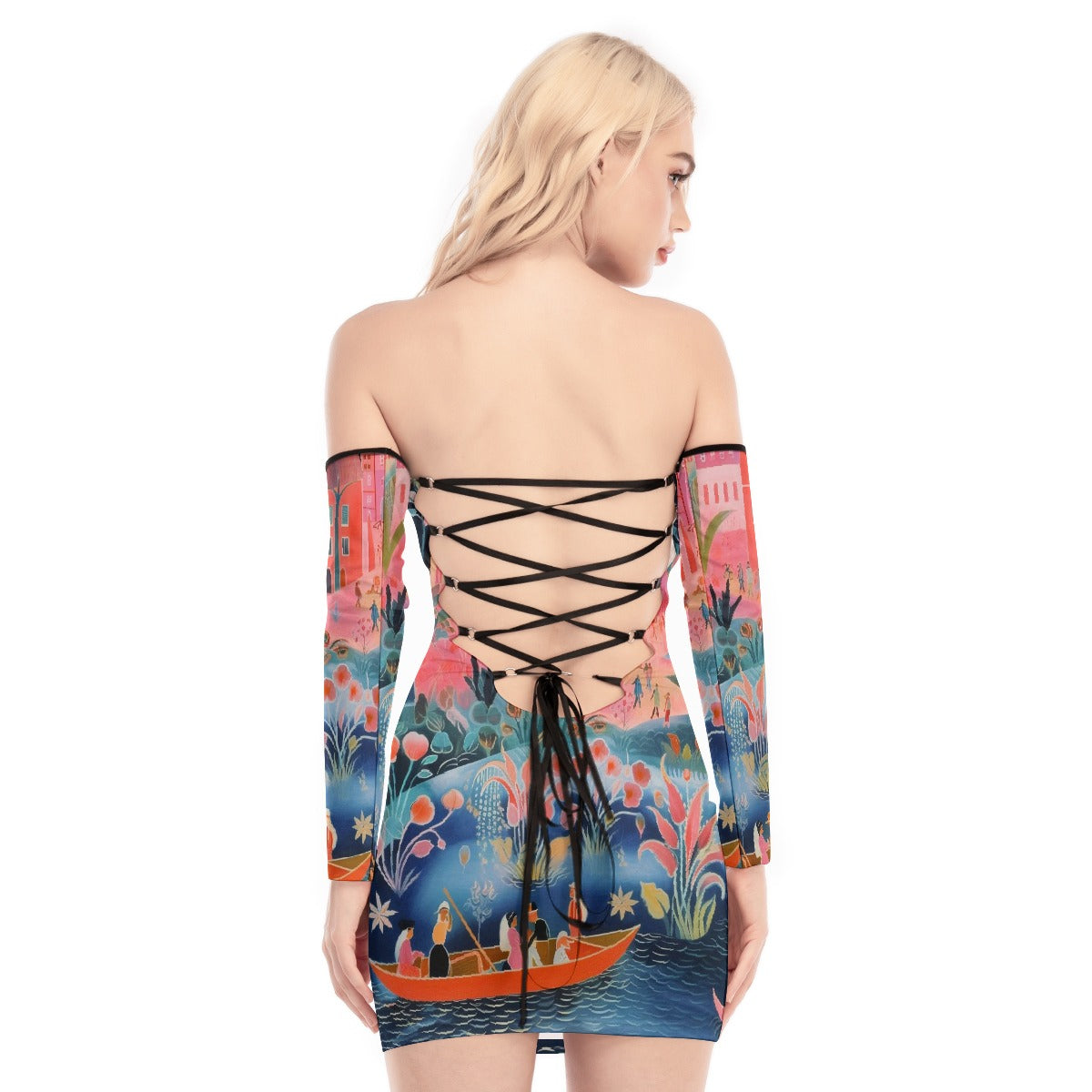 All-Over Print Women's Off-shoulder Back Lace-up Dress