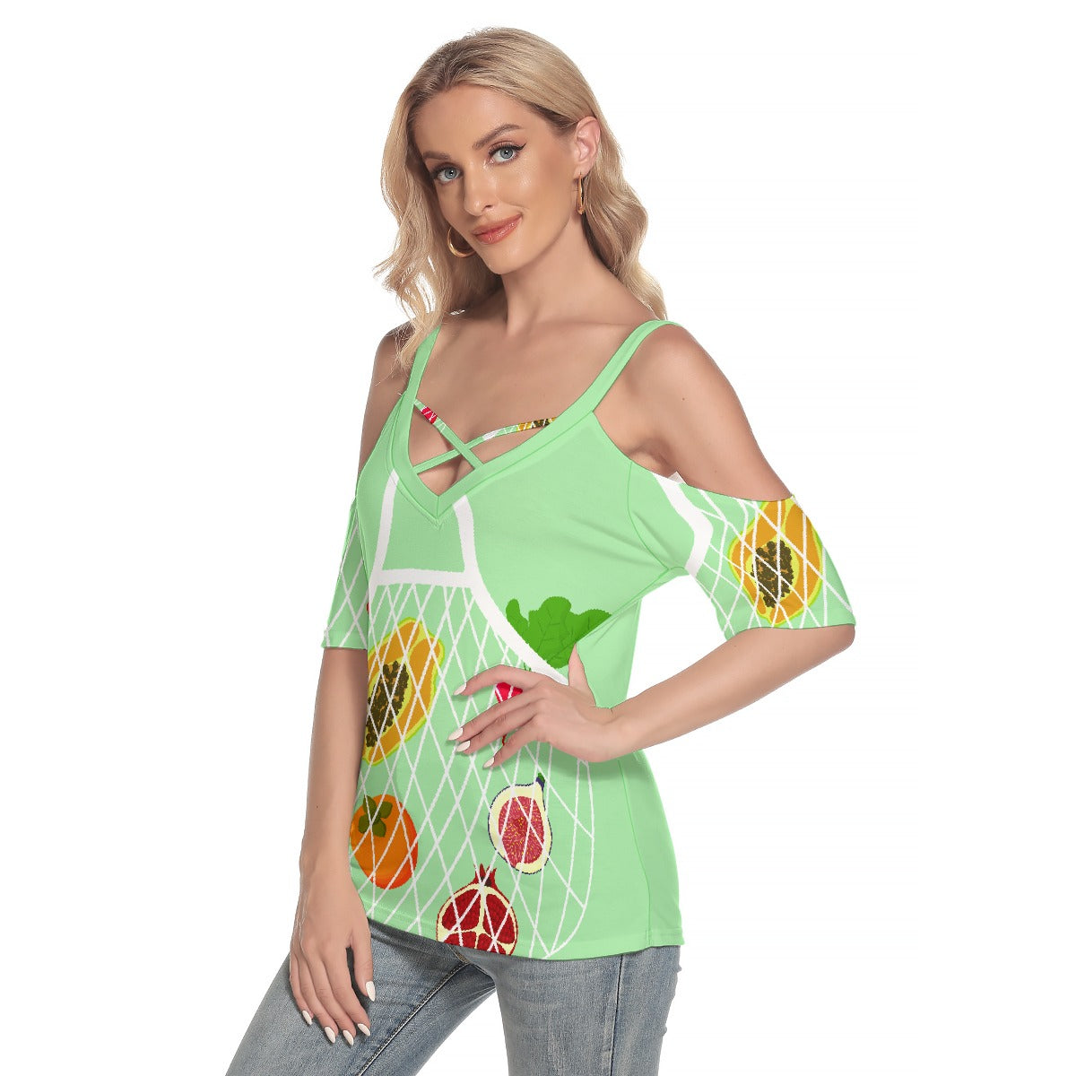 All-Over Print Women's Cold Shoulder T-shirt With Criss Cross Strips