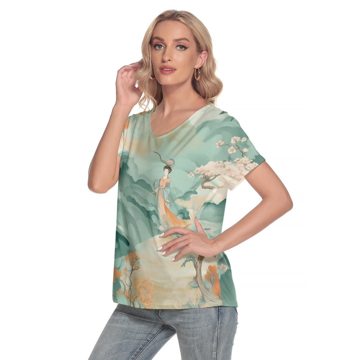 All-Over Print Women's Loose V-neck Short Sleeve T-shirt