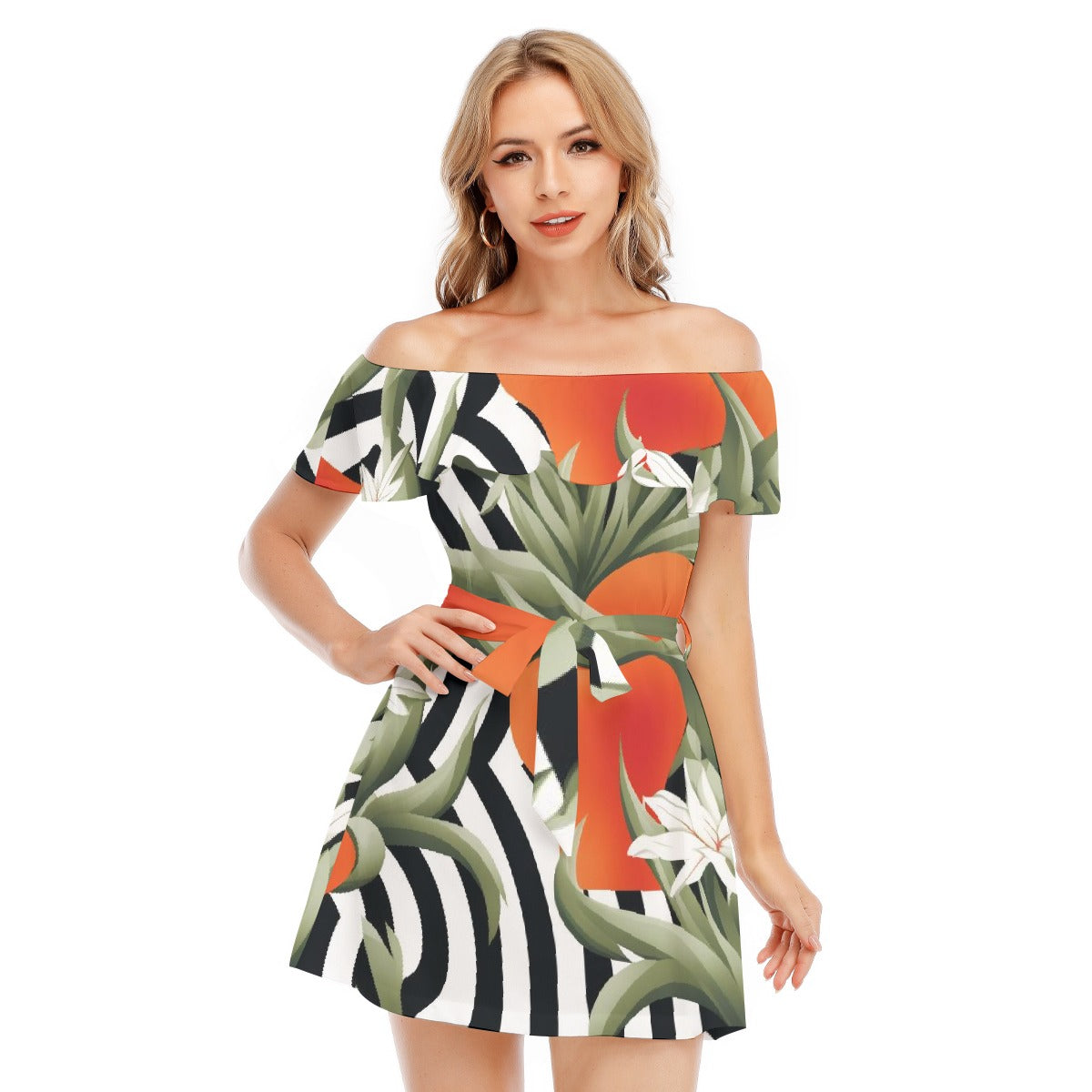 All-Over Print Women's Off-shoulder Dress With Ruffle