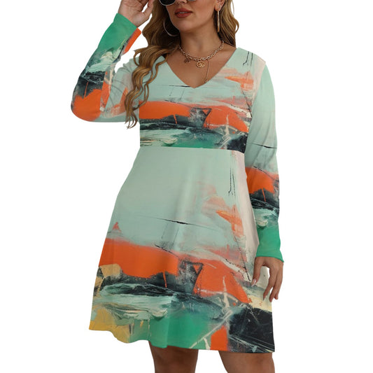 All-Over Print Women's V-neck Long Sleeve Dress(Plus Size)