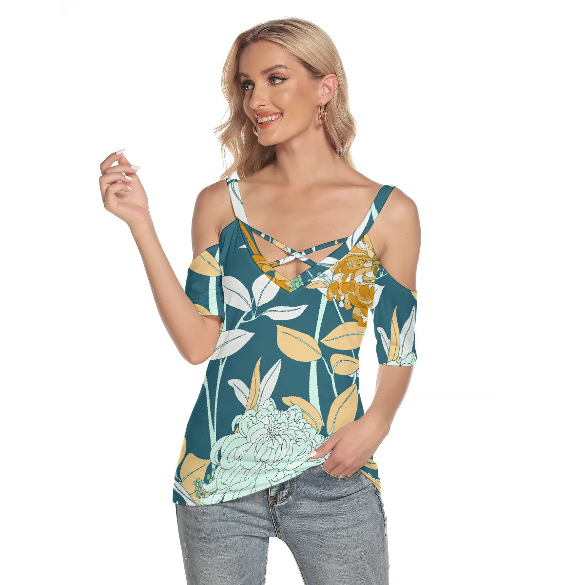 All-Over Print Women's Cold Shoulder T-shirt With Criss Cross Strips