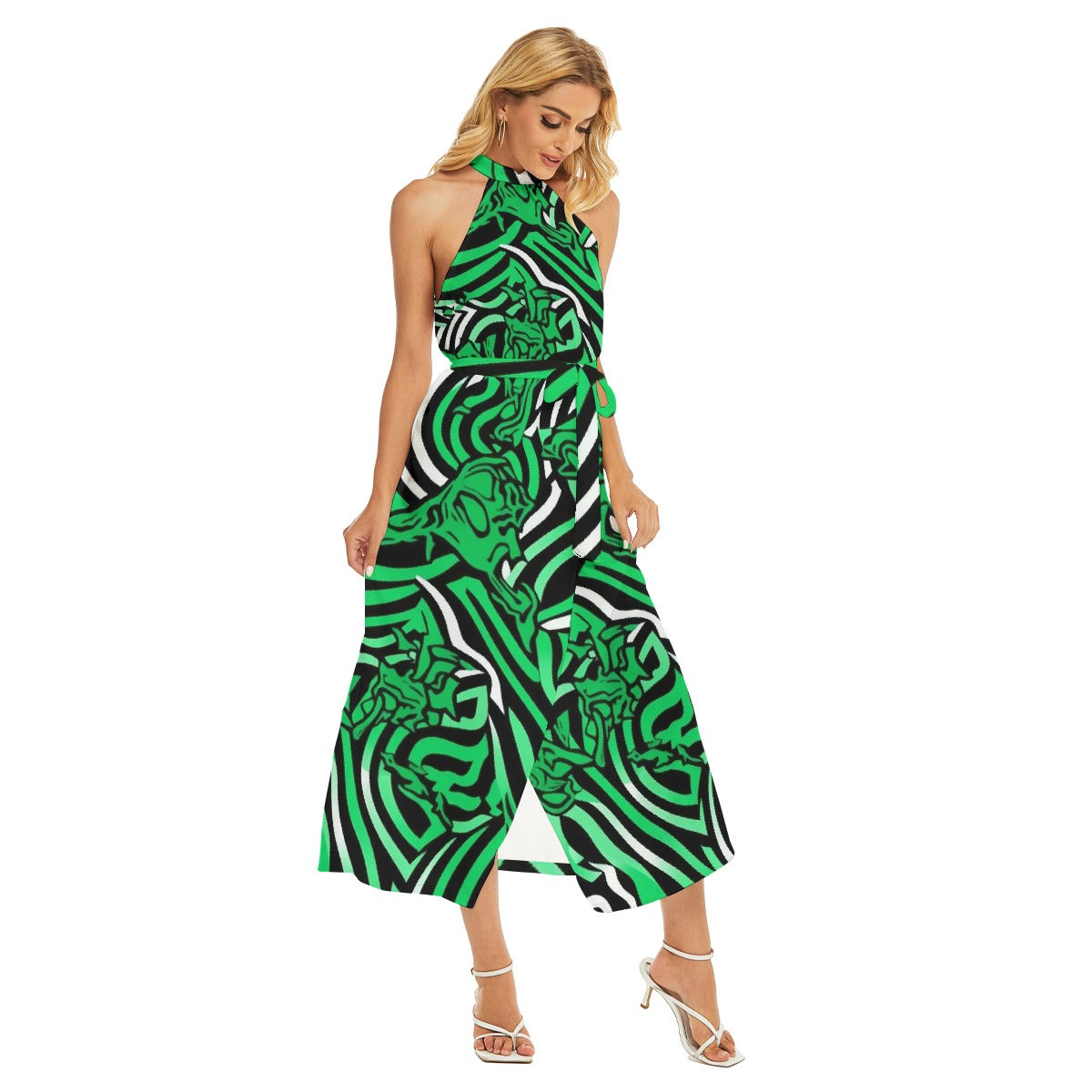 All-Over Print Women's Wrap Hem Belted Halter Dress