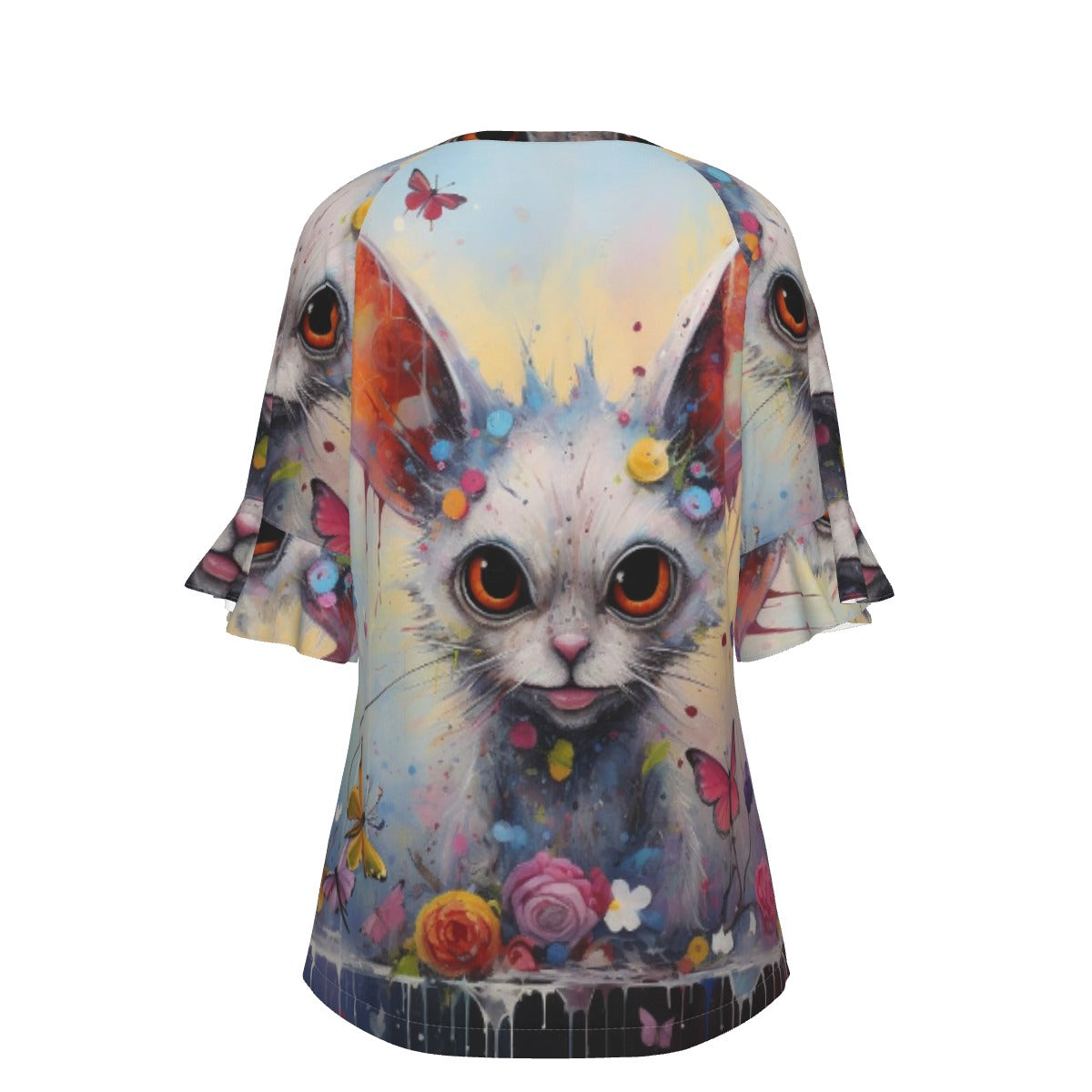 All-Over Print V-neck Women's T-shirt With Bell Sleeve