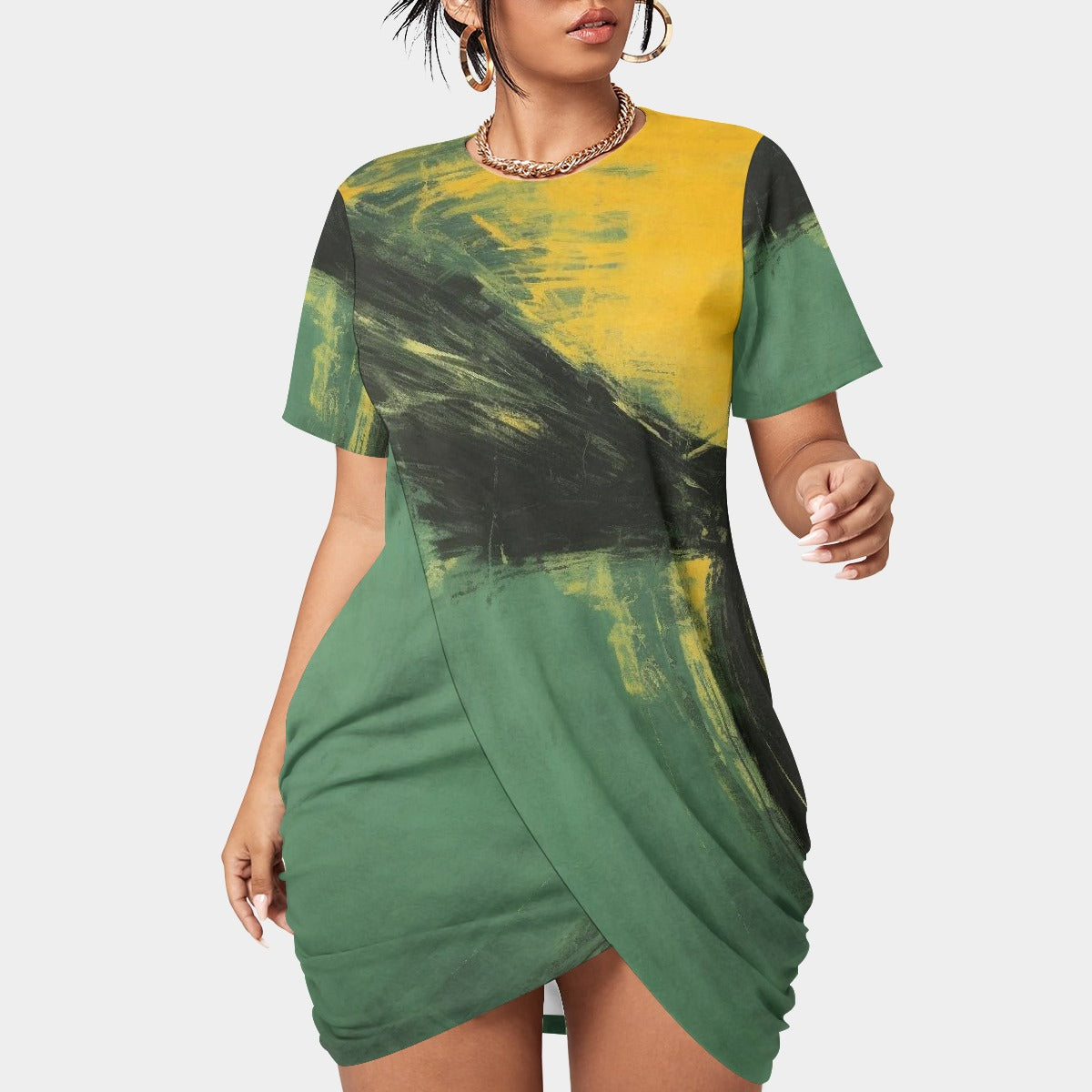 All-Over Print Women’s Stacked Hem Dress With Short Sleeve（Plus Size）