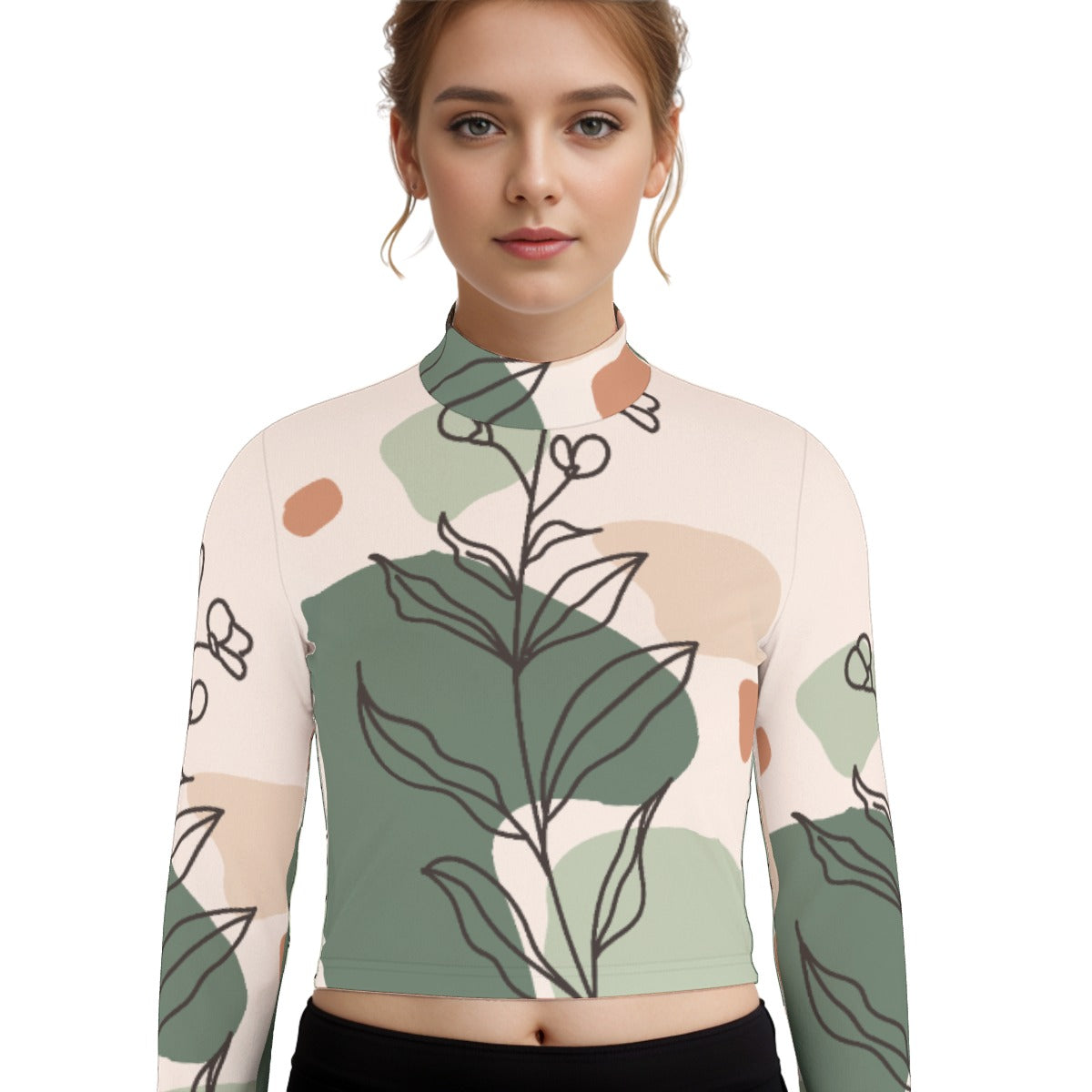 Eco-Friendly All-Over Print Women's Turtleneck T-shirt With Long Sleeve