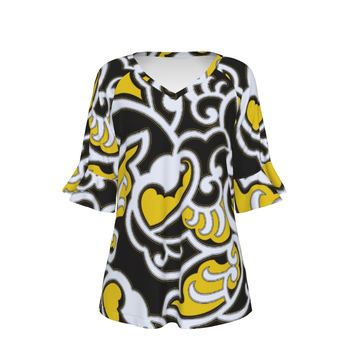 All-Over Print V-neck Women's T-shirt With Bell Sleeve