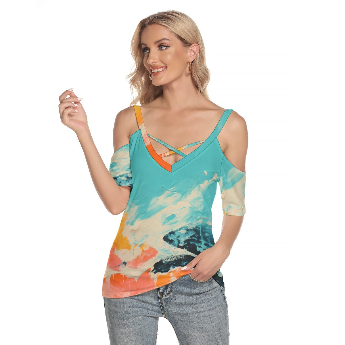 All-Over Print Women's Cold Shoulder T-shirt With Criss Cross Strips