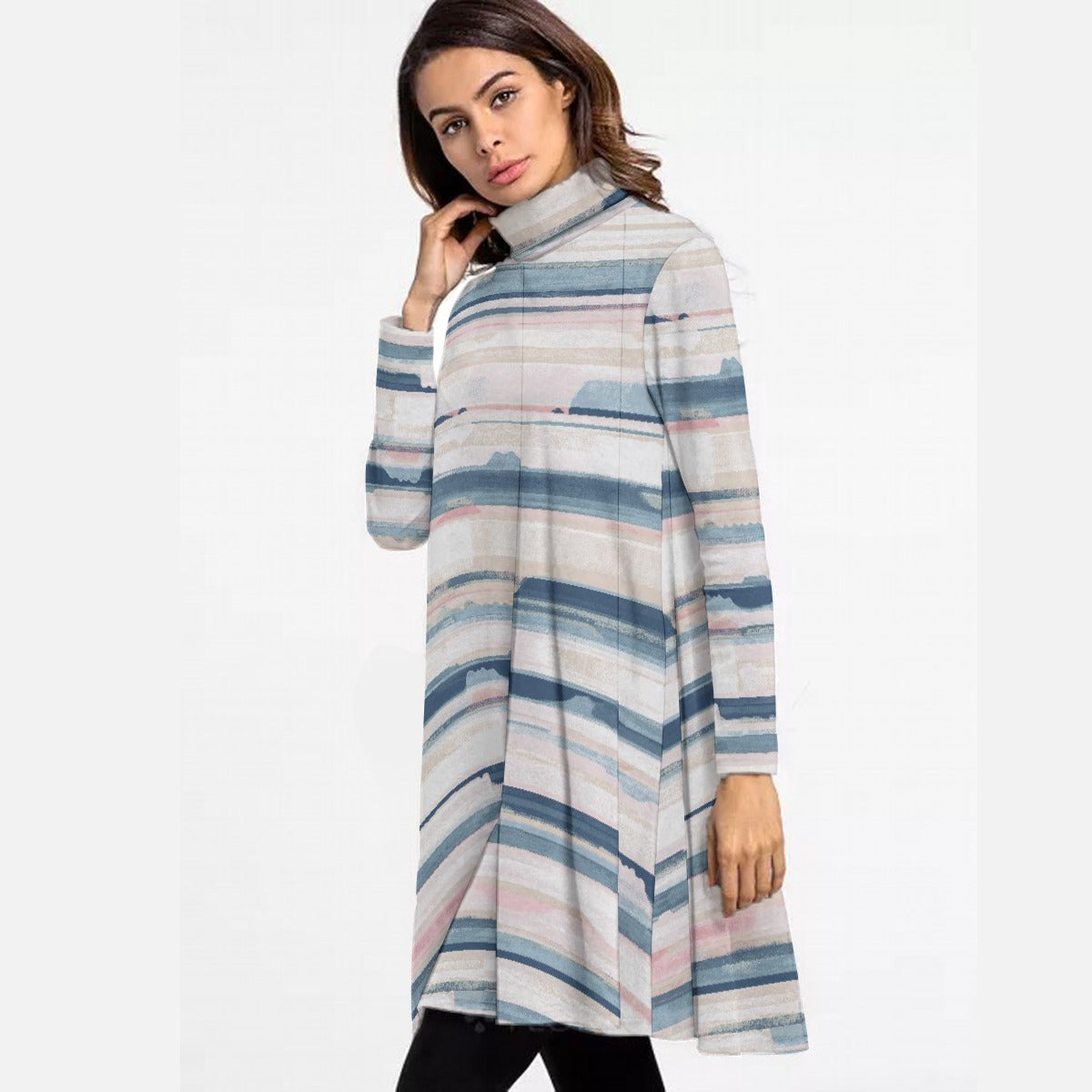 All-Over Print Women's High Neck Dress With Long Sleeve