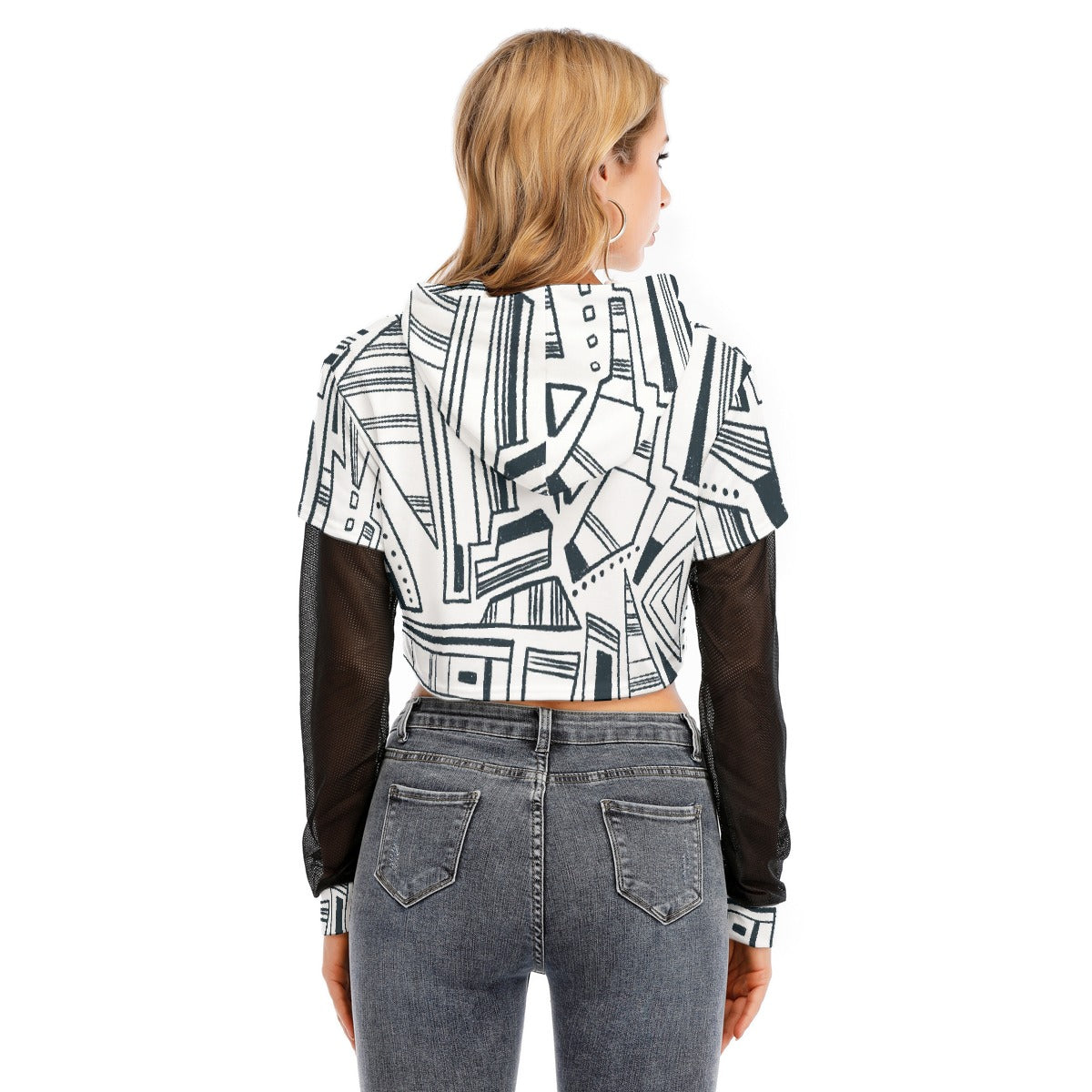 All-Over Print Women's Fake Two-piece Mesh Sleeve Cropped Hoodie