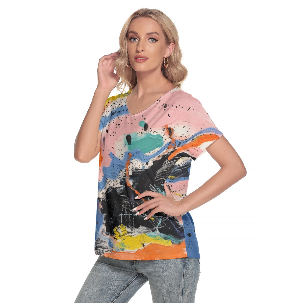 All-Over Print Women's Loose V-neck Short Sleeve T-shirt