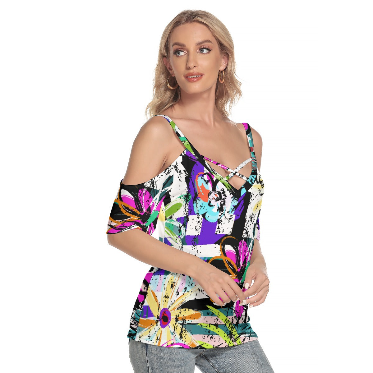 All-Over Print Women's Cold Shoulder T-shirt With Criss Cross Strips