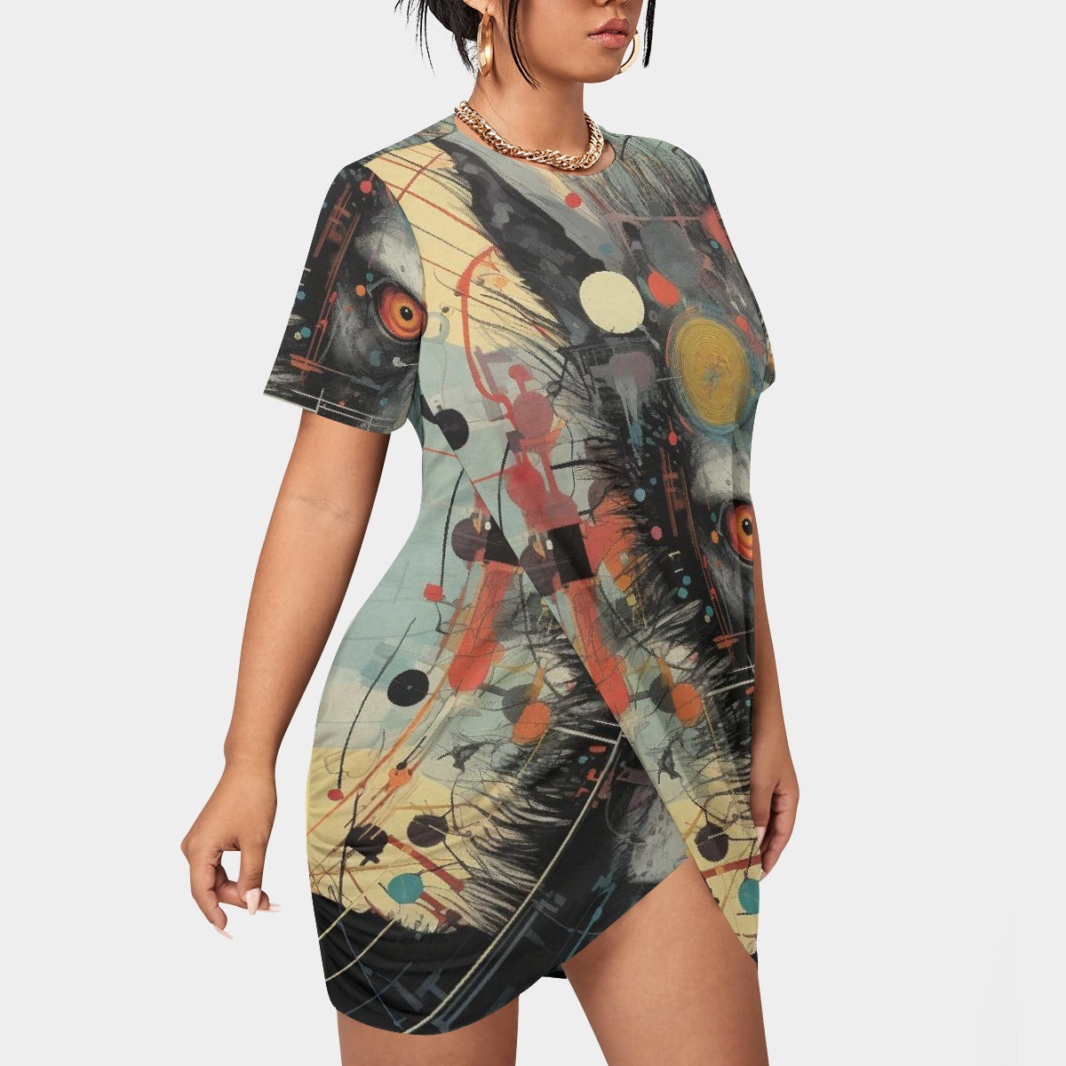 All-Over Print Women’s Stacked Hem Dress With Short Sleeve（Plus Size）