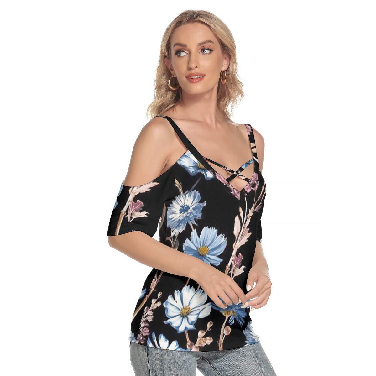 All-Over Print Women's Cold Shoulder T-shirt With Criss Cross Strips