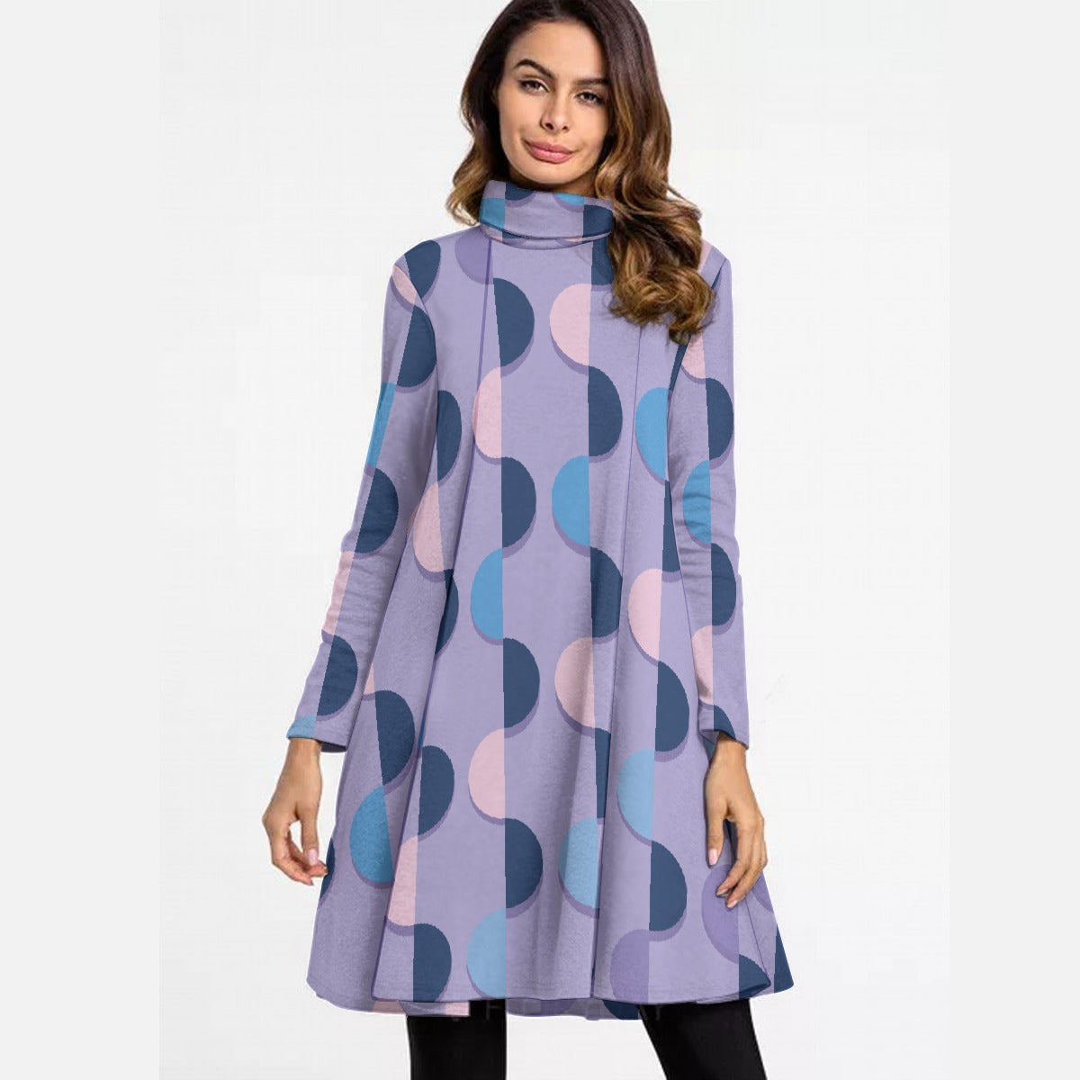 All-Over Print Women's High Neck Dress With Long Sleeve