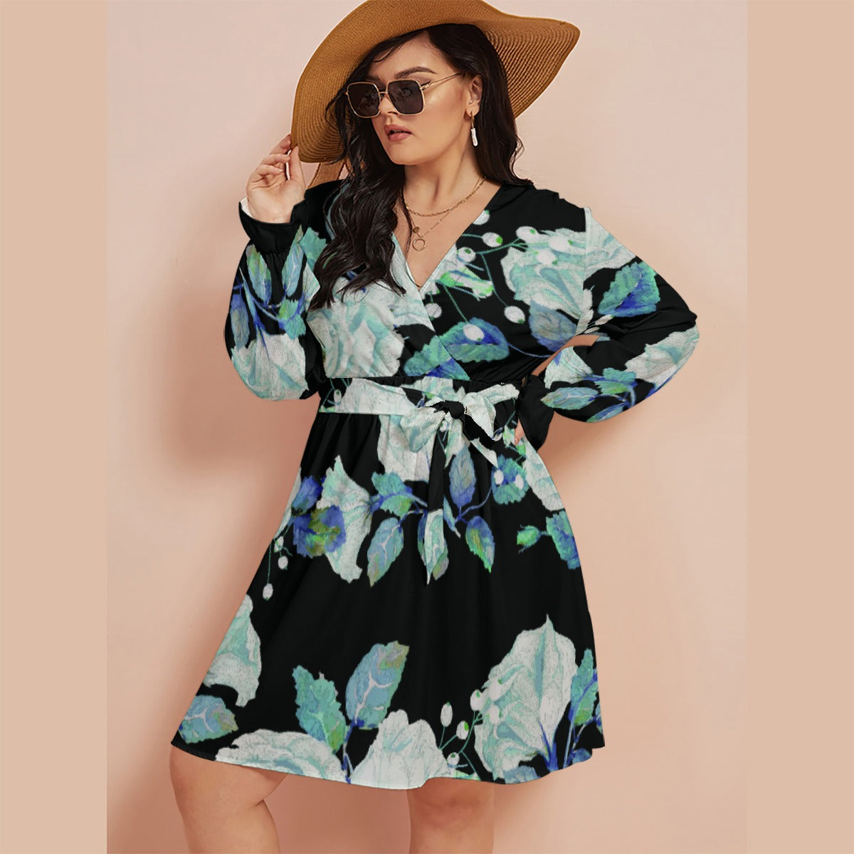 All-Over Print Women's V-neck Dress With Waistband(Plus Size)