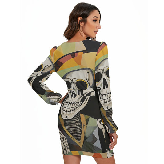 All-Over Print Women's Long Sleeve Dress With Waist Belt