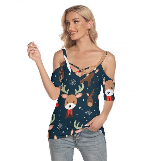 All-Over Print Women's Cold Shoulder T-shirt With Criss Cross Strips