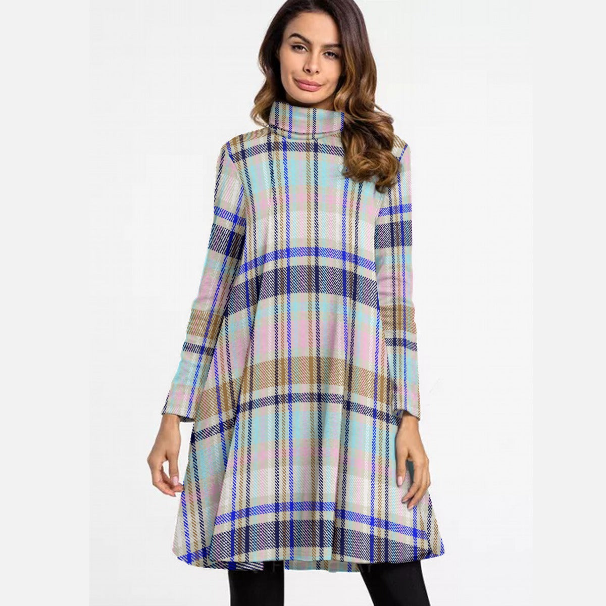 All-Over Print Women's High Neck Dress With Long Sleeve