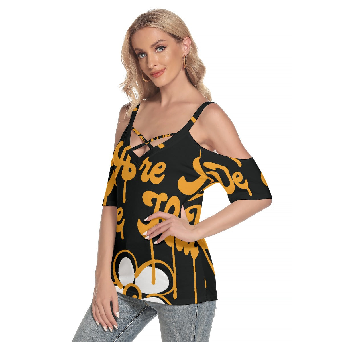 All-Over Print Women's Cold Shoulder T-shirt With Criss Cross Strips