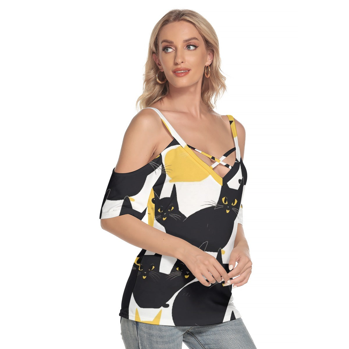 All-Over Print Women's Cold Shoulder T-shirt With Criss Cross Strips